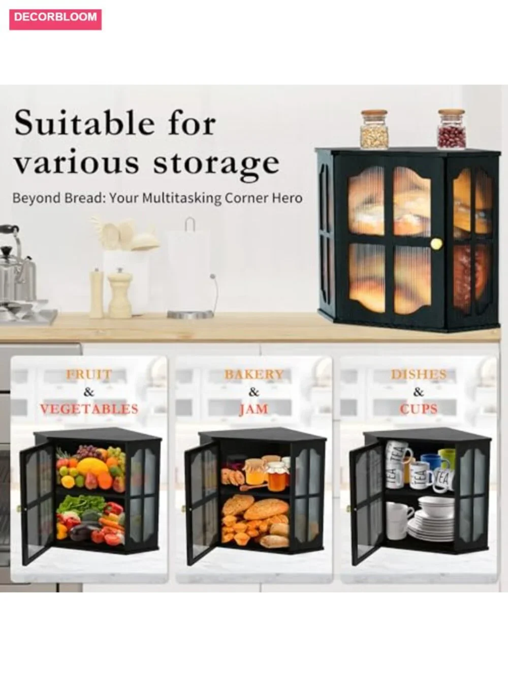 Corner Bread Box for Kitchen Countertop, Food Storage Container with Bamboo